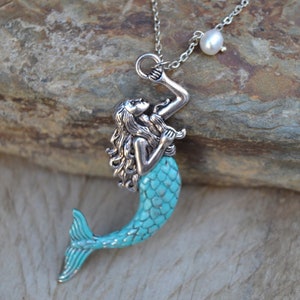 Silver mermaid necklace with pearl, large mermaid pendant necklace with green blue tail, patina mermaid jewelry magical sea lover gift