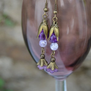 Purple flower earrings, vintage earrings tulip earrings long dangle earrings victorian earrings