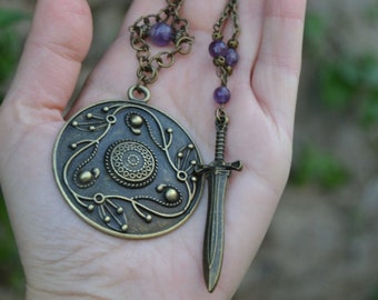Viking Jewelry Set: Bronze Sword & Shield Garnet / Amethyst Necklaces Set