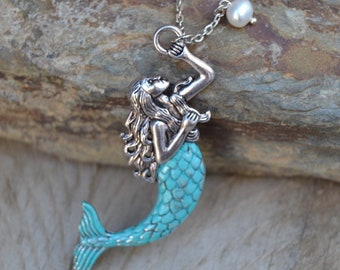 Silver mermaid necklace with pearl, large mermaid pendant necklace with green blue tail, patina mermaid jewelry magical sea lover gift