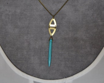 Brass triangle necklace with turquoise spike, geometric jewelry, boho turquoise point pendant necklace