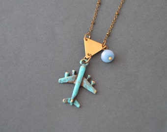 Brass Airplane Necklace, Turquoise Patina, Custom Initial Travel Gift For Her