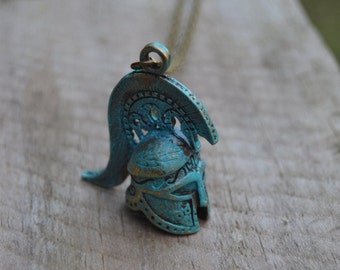 Spartan Helmet Necklace, Verdigris Bronze Gladiator Warrior Jewelry