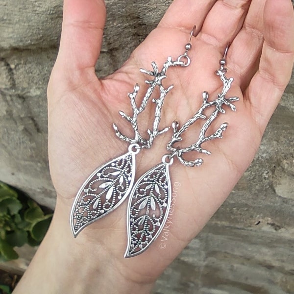 Tree branch earrings, silver filigree leaf earrings, statement nature jewelry, elven jewelry, branch with leaves