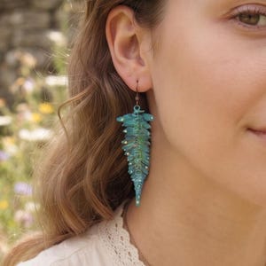 Green Fern Leaf Earrings, Hand Painted Botanical Dangle Earrings, Handmade Magical Forest Nature Jewelry