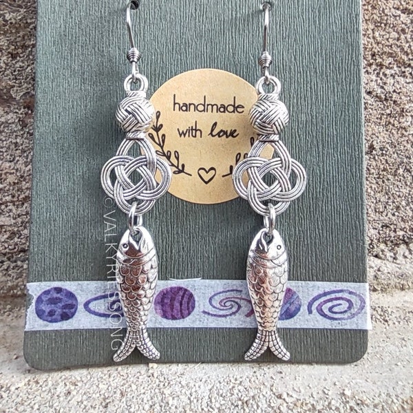 Celtic silver fish earrings, silver dangle irish legend salmon fish earrings, irish jewelry, celtic jewelry animal jewelry welsh jewelry