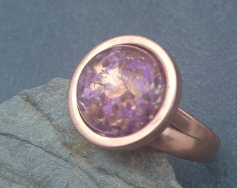 Light purple pressed flower ring, rose gold steel, spring jewelry, purple resin ring, pressed flower jewelry rose gold dainty jewelry
