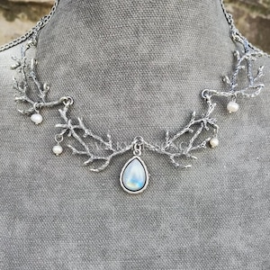 Magical Forest twig necklace - moonstone necklace - silver branch necklace - elven necklace - fairy gothic jewelry fairytale wedding jewelry