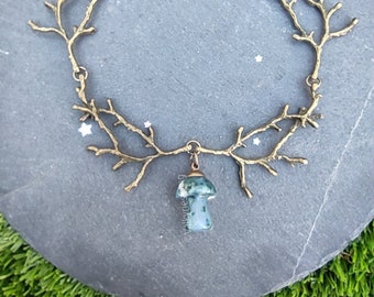 Crystal mushroom necklace, bronze twigs, moss agate necklace, bib branch necklace, earthy jewelry fall jewelry, moss agate stone jewelry