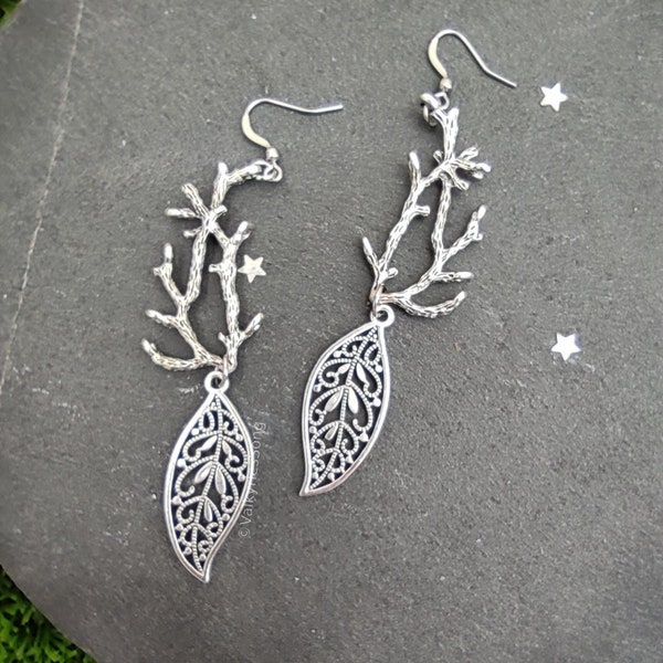 Elven tree branch earrings, silver filigree leaf earrings, statement nature jewelry, elvish jewelry, branch with leaves, fall earrings