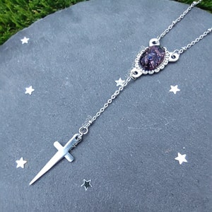 Gotische zwaardketting, zilveren zwaardketting, vampier Y-ketting staalhars paarse opaalketting, gotische rozenkransketting, gotische sieraden
