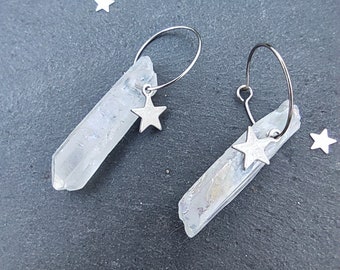 Raw quartz crystal hoop earrings , Angel Aura clear quartz earrings, steel silver star earrings, pointed gemstone earrings celestial jewelry