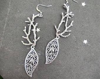 Elven tree branch earrings, silver filigree leaf earrings, statement nature jewelry, elvish jewelry, branch with leaves, fall earrings