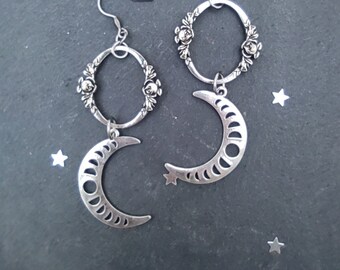 Silver moon phase earrings, dangle rose hoop earrings, large statement boho floral crescent earrings, witchy moon jewelry, celestial jewelry