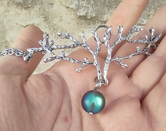 Elven dark crystal ball purple blue green iridescent necklace, deer antler choker necklace, silver branch choker necklace, twig choker