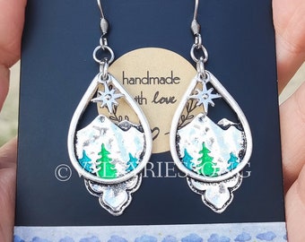 Silver mountain earrings, dangle landscape earrings, green tree earrings, tiny star earrings, hand painted nature jewelry