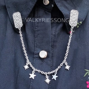 Mystical tarot evil eye brooches with chain and silver stars charms jewelry, evil eye collar pins, gothic celestial moon cardigan brooch