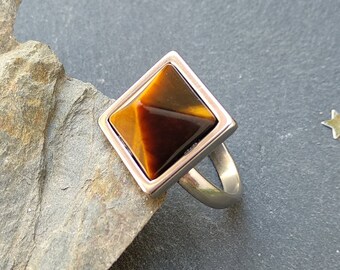 Brown stone pPyramid ring, silver stainless steel tiger eye ring earthy gemstone ring