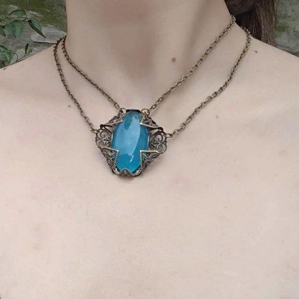 Renaissance blue agate necklace blue choker, medieval jewelry, renaissance necklace, bronze filigree blue necklace, Art Nouveau Victorian