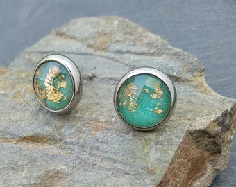 Resin turquoise studs earrings, silver stainless steel, gold flake jewelry, dainty turquoise blue posts earrings, bridesmaid jewelry gifts