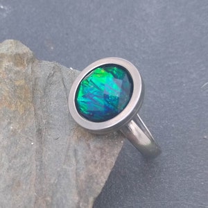 Black fire opal ring with stainless steel band, resin opal jewelry