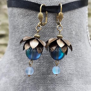 Magical blueberry earrings, enchanted goblincore handmade iridescent earrings, blue flower earrings, witch earrings, green witch jewelry