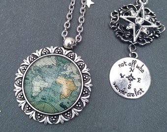 Not all who wander are lost quote necklaces set, vintage world map necklace, layered necklaces set compass necklace north star necklace