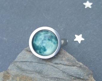 Full moon ring silver stainless steel glow in the dark adjustable ring Celestial jewelry