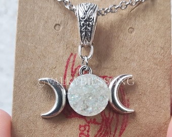 Wicca Dreifach Mond Halskette, Silber Stahl Druzy Mond Halskette Dreifach Göttin Halskette, Opal Dreifach Mond Halskette Dreifach Mond Schmuck
