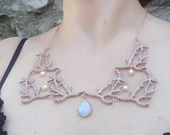 Enchanted Forest Rose gold moonstone twig necklace with pearls labradorite or moonstone necklace rose gold branch necklace elven necklace