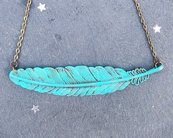 Sideways feather necklace, statement boho green necklace, rustic blue green patina jewelry, bohemian feather jewelry, unique gift for woman