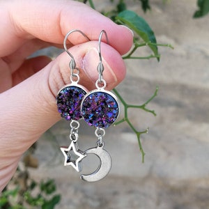 Mismatch Moon and Star Earrings: Purple Druzy Celestial Dangles