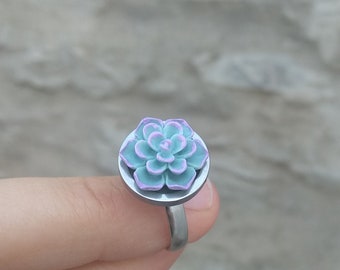 Succulent jewelry, stainless steel and resin green purple succulent ring gift for her