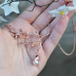 Dainty branch necklace, rose gold necklace, wedding pearl drop necklace, nature inspired jewelry, rose gold bridal jewelry gift for woman