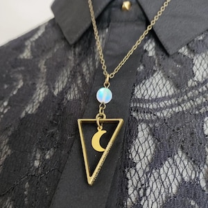Celestial necklace, gold moon necklace rustic brass white iridescent crystal, geometric necklace, boho triangle necklace celestial jewelry