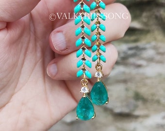 Mint green earrings, long fishbone chain earrings, spring summer earrings, emerald green crystal drop enameled chevron chain earrings