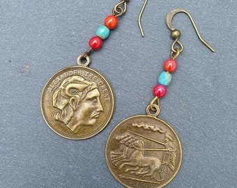 Greek coin earrings, bronze blue and orange beaded ethnic tribal earrings, Alexander the Great Greece earrings, coin jewelry, beaded jewelry