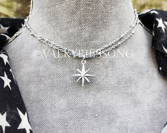 Polaris silver north star choker necklace, Y2K necklace, pole star necklace, two strands dainty chain choker, steel beaded choker layering