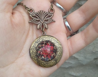 Real flower locket, red floral locket,  bronze locket necklace, red flower locket vintage locket floral jewelry
