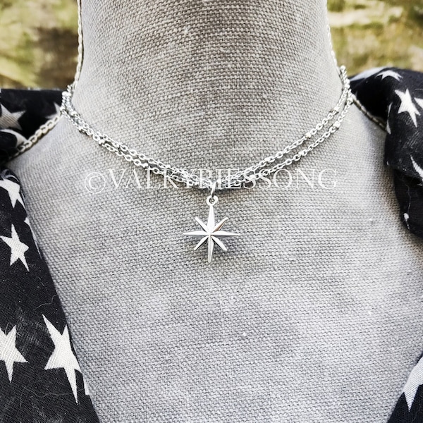 Polaris silver north star choker necklace, Y2K necklace, pole star necklace, two strands dainty chain choker, steel beaded choker layering