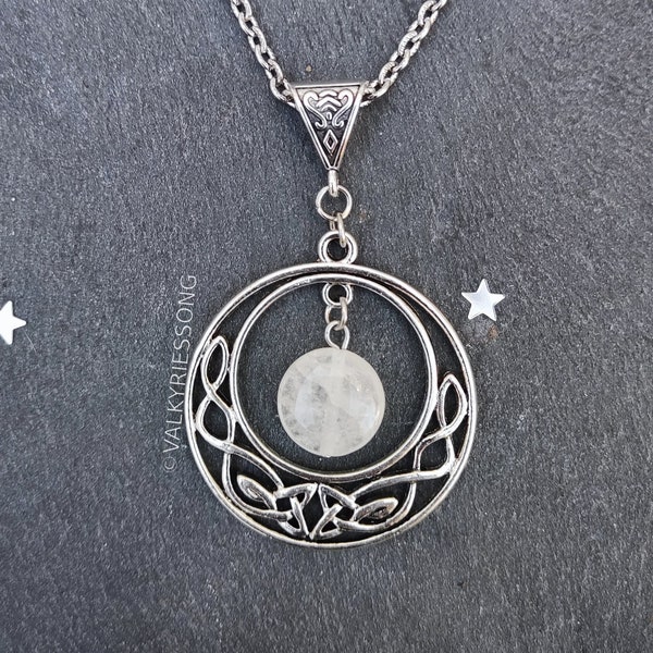 Celtic moon necklace, silver quartz moon necklace, celtic knot necklace, celtic jewelry, clear quartz crystal necklace celtic circle pendant