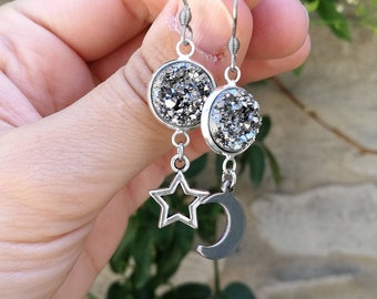 Moon and star earrings, resin dark silver druzy earrings, dangle moon earrings, mismatch earrings, celestial earrings gift for sister