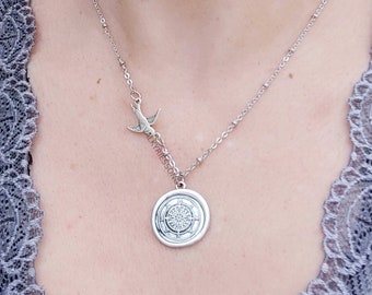 Wax Seal Compass Necklace, Silver Stainless Steel Swallow Necklace, Bird Freedom Graduation Gift