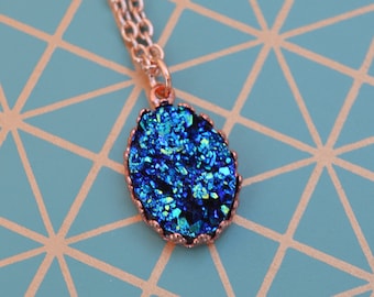 Blue druzy necklace, dainty rose gold necklace, resin drusy titanium blue necklace, bridesmaid jewelry gift druzy jewelry, rose gold jewelry