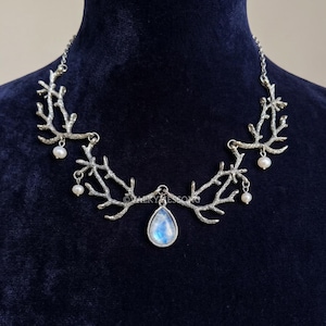 Elven Forest Twig Necklace, Moonstone Pearl Branch Jewelry, Antique Silver Fantasy Accessory