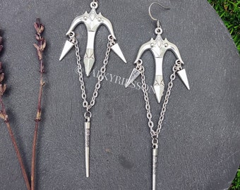 Gothic crossbow earrings, silver statement gothic earrings, large spike earrings with chain, warrior jewelry, bolts, pivots archery jewelry