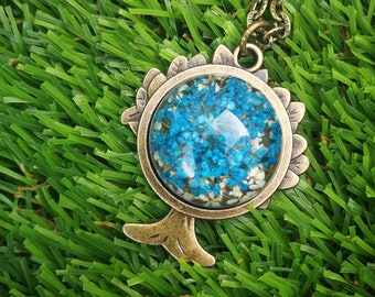 Floral tree necklace vintage real flower necklace, blue floral necklace, bronze tree of life necklace