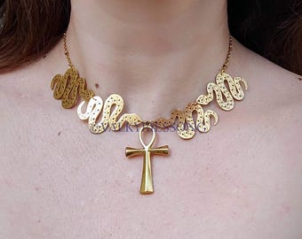 Collar Ankh llamativo, collar de serpiente de acero inoxidable chapado en oro, joyería egipcia Cleopatra