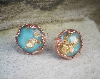 Rose gold turquoise stud earrings, resin turquoise gold opal earrings, rose gold earrings, bridesmaids earrings, bridesmaid rose gold studs