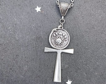 Gothic Ankh necklace, silver Ouroboros pendant necklace, witch jewelry, silver ankh jewelry, fantasy gothic jewelry